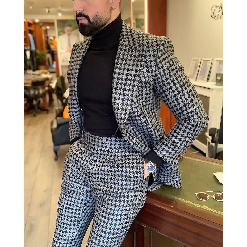 Men's Wedding Tweed Suits Peak Black Brown Checkered Tailored Fit 2 Piece Single Breasted One-button