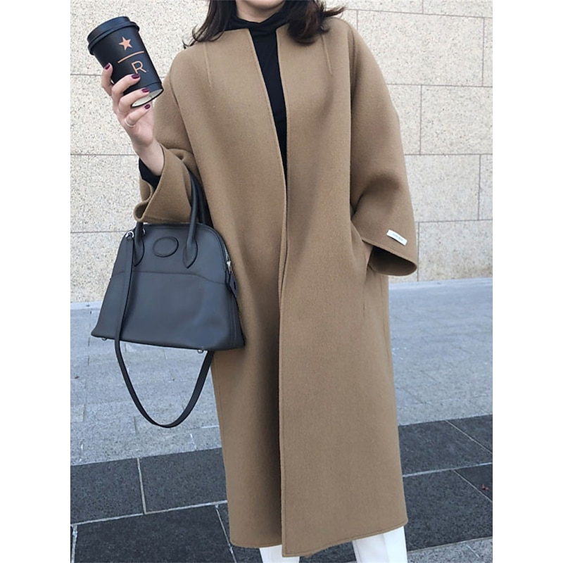 Women's Coat Warm Breathable Pocket Oversized Fashion OL Style Modern Street Style Solid Color Outdoor Street Shopping Daily Wear Cardigan Long Crewneck Regular Fit Long Sleeve Outerwear Navy Black2