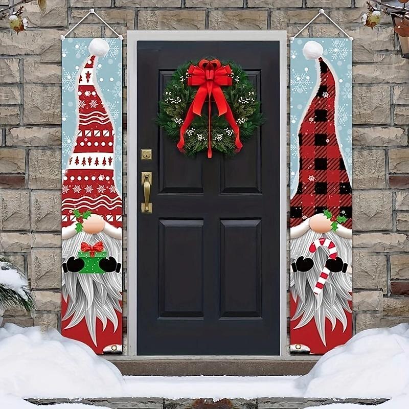 Merry Christmas Door Banner Porch Sign - 300D Gnomes Porch Sign Banners Hanging Decorations - Xmas Holiday Decor For Outside Indoor Yard Home Front Door Garage Wall2