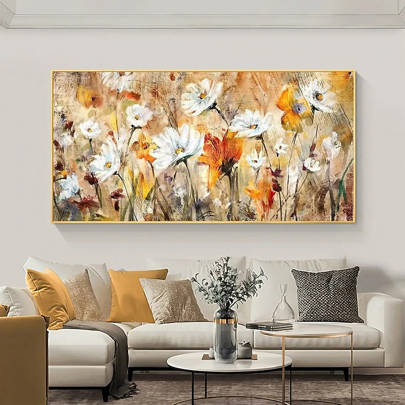 Handmade Hand Painted Wall Art White Flower Landscape Oil Painting on Canvas Large Abstract Modern Boho Floral Painting Home Decoration Decor Rolled Canvas No Frame Unstretched