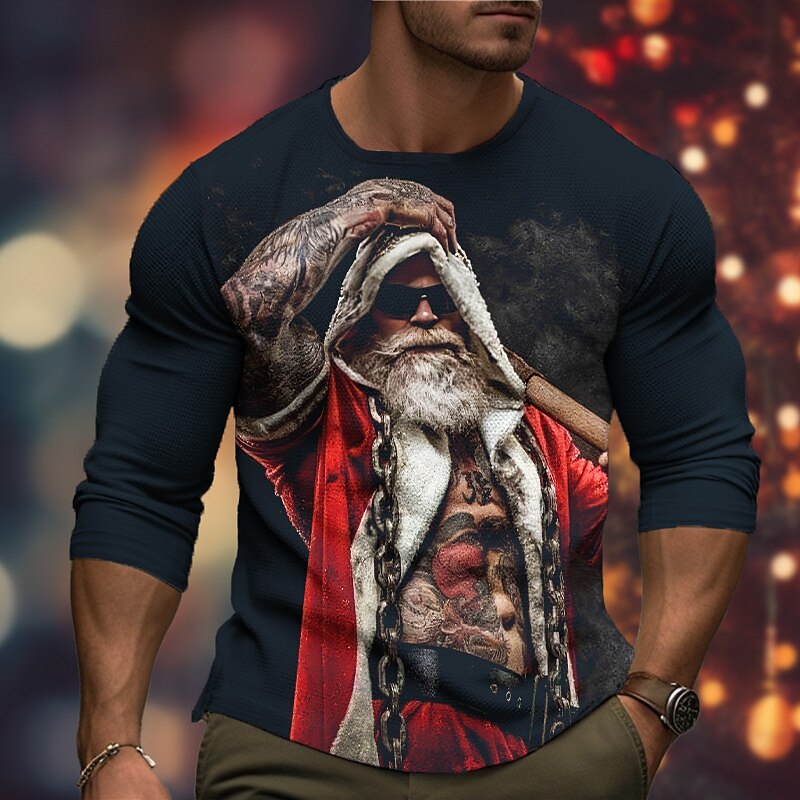 Christmas Men's Graphic Santa Claus T Shirt Long Sleeve T shirt 3D Print Crew Neck Shirt Fashion Designer Casual Sports Outdoor Holiday Going out Black Burgundy Dark Green Spring &  Fall Clothing3