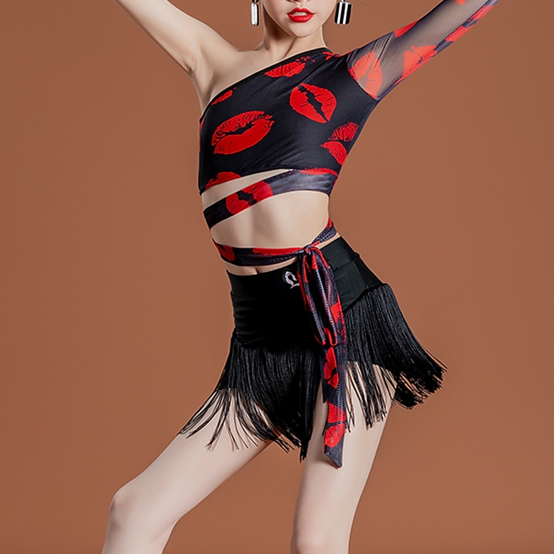 Latin Dance Kids' Dancewear Latin Salsa Dance Skirts Tassel Girls' Performance Daily Wear Long Sleeve Natural Chinlon3