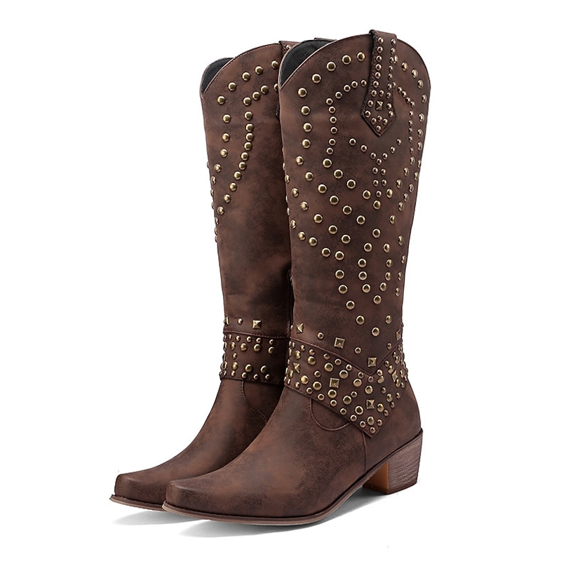 Women's Black Studded Faux Leather Knee-High Boots with Block Heels - Western Style Fashion Footwear for Fall and Winter4