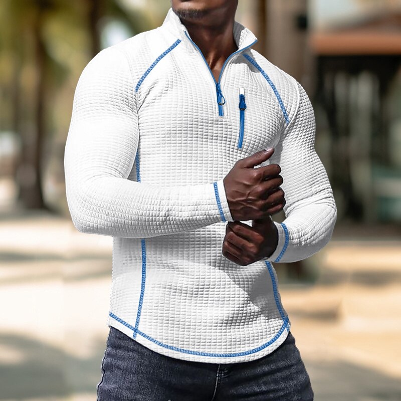 Men's Waffle Tee Waffle Shirt T Shirt Tee Top Long Sleeve Standing Collar Spring &  Fall Color Block Fashion Designer Basic Quarter Zip Vacation Street Going out Black White Navy Blue Top Tee for Men2