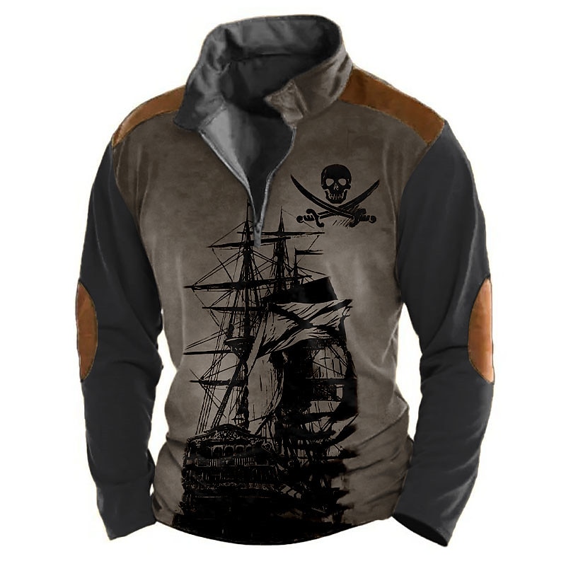 Men's Skull Sailboat Zip Polo Long Sleeve Polo Shirts Turndown Zip Vintage Abstract Outdoor Casual Daily Streetwear 3D Print Fall & Winter Black Blue Brown4