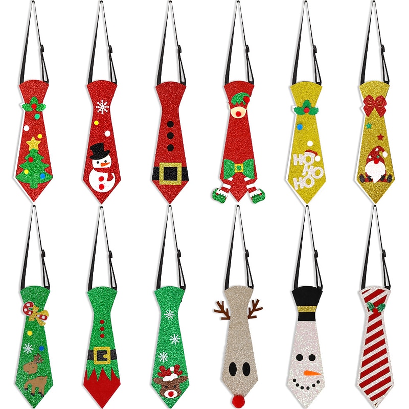 12 Pcs New Felt Christmas Tie Christmas Decoration Snowman Elk Christmas Tree Tie Party Decoration
