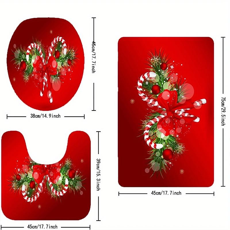 Merry Christmas Shower Curtain With 12 Plastic Hooks, Christmas Candy Christmas Tree Polyester Cloth Curtains , Non-Slip Bathroom Rug, Toilet U-Shape Mat, Toilet Lid Cover Pad, Xmas2