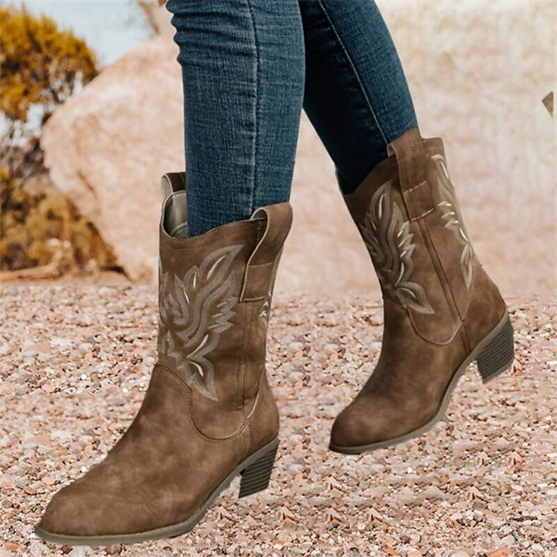 Women's Brown Faux Leather Western Cowboy Boots with Embroidered Design, Low Block Heel, Comfortable Slip-On Style for Rodeos, Country Concerts and Casual Fall Outfits2