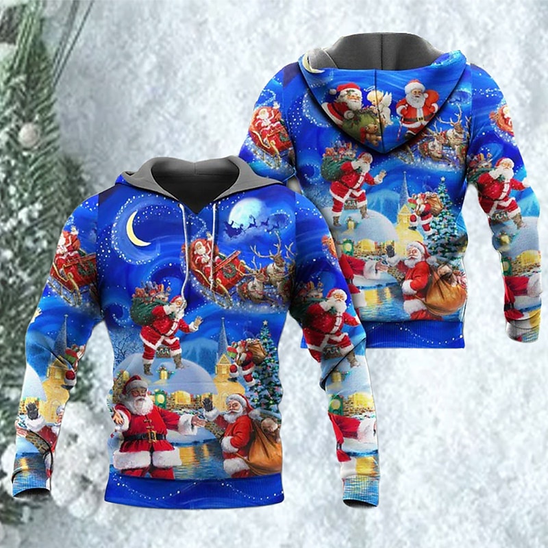 Christmas Men's Santa Claus 3D Hoodies Pullover Blue Hooded Santa Claus Graphic Prints Ugly  Print Daily Sports 3D Print Basic Streetwear Designer
