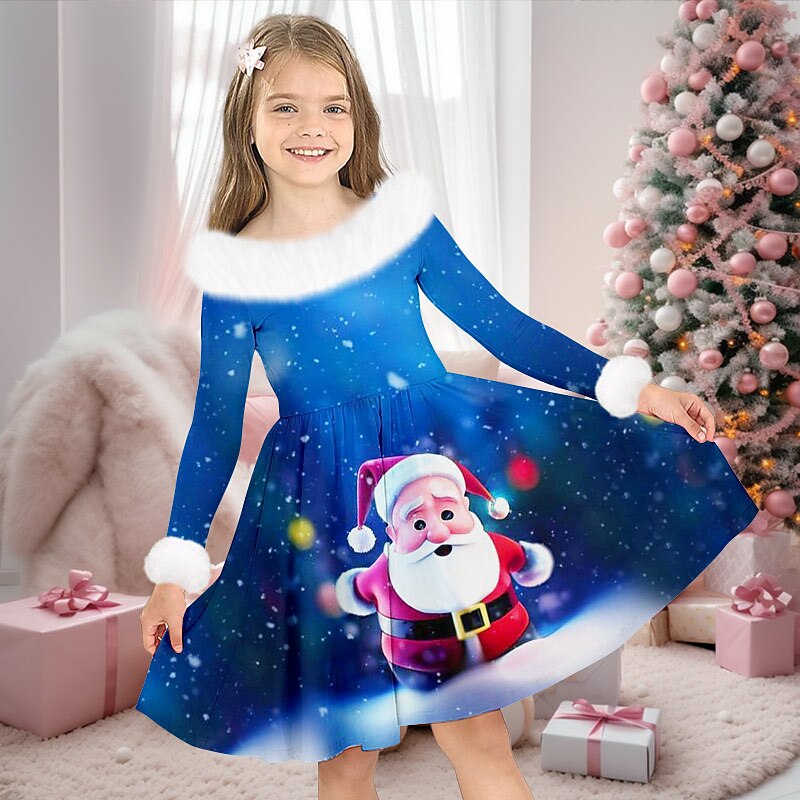 Girls' 3D Santa Claus Snowman Snowflake Dress Long Sleeve 3D Print Fall Winter Sports & Outdoor Daily Holiday Cute Casual Beautiful Kids 3-12 Years Casual Dress Swing Dress A Line Dress Above Knee2