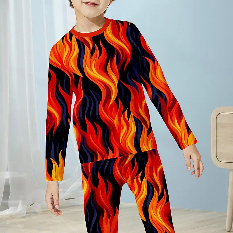 Boys 3D Fire Pajama Sets Long Sleeve 3D Print Fall Winter Active Cool Daily Kids 4 years+ Crew Neck Home Causal Indoor Regular Fit2