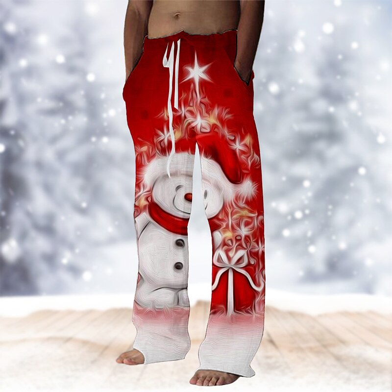 Christmas Hawaiian Pants Men's Snowflake Drawstring Elastic Waist Casual Party Evening Wear Christmas Party Beach Wear Straight Leg Trousers 3D Print White Wine Red2