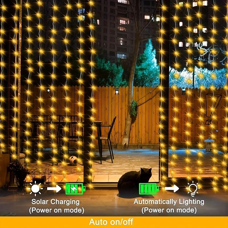 1 Pack 300/200/100 LED Solar Curtain Light Outdoor, Remote Control, 8 Lighting Modes, Fairy Lights, IP65 Waterproof, Copper Wire Lights Christmas Party Wedding Home Bedroom Garden Wall Decor4