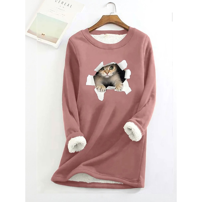 Women's Fleece Lined Pullover Sweatshirt Pajamas Cat Warm Fuzzy Long Sleeve Round Neck Crewneck Long Tops Casual Sports Black Yellow Pink Dark Pink Red Fall & Winter
