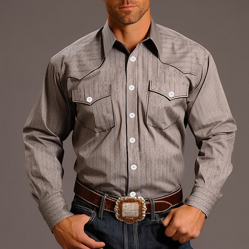 Men's Cowboy Western Shirt Button Up Shirt Cowboy Shirt Long Sleeve Vintage Western Style Casual Daily Fall & Winter Turndown 3D Print Front Pocket Blue khaki