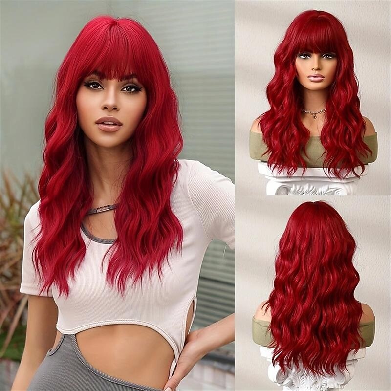 24 Inches Long Red Wig With Bangs For Women, Curly Wavy Wigs Heat Resistant Synthetic Fiber Hair Replacement Wigs For Cosplay Halloween Party Daily Wear Christmas Party Wigs2