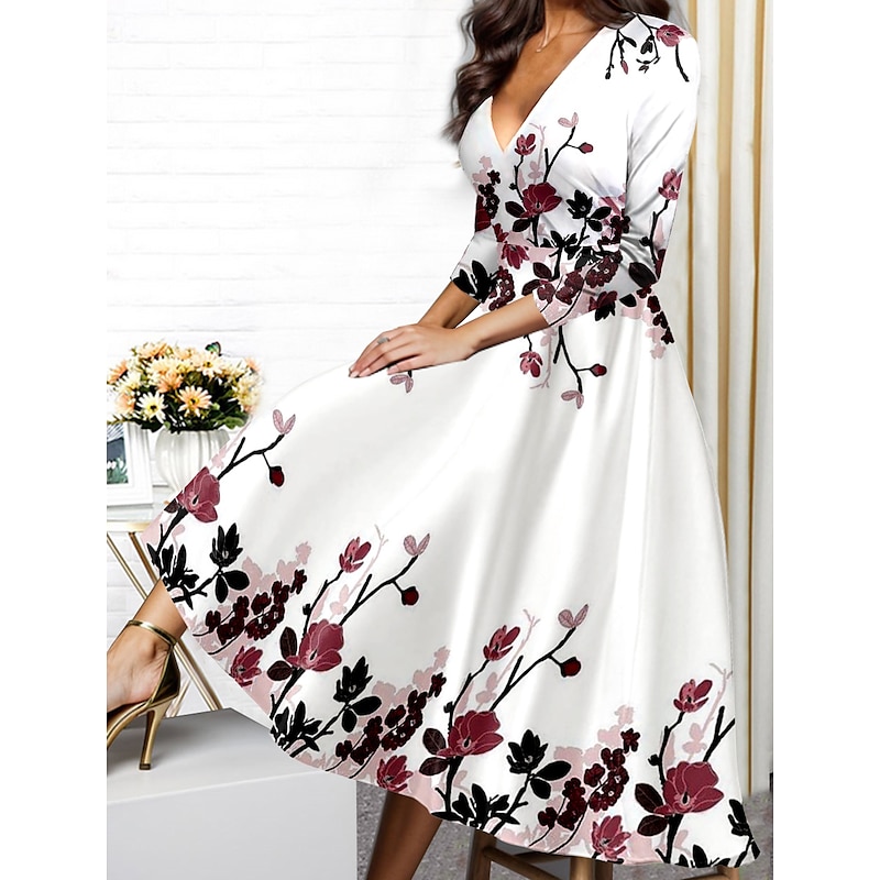 Women's Midi Dress Winter Dress Swing Dress Semi Formal Dress A Line Dress Fashion Streetwear Modern Formal Outdoor Vacation Regular Fit Floral 3/4 Length Sleeve V Neck Wine Blue Purple Fall Winter3