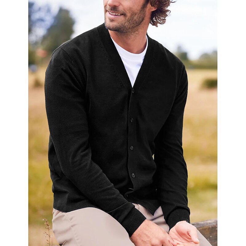 Men's Cardigan Sweater Knitted Cardigan Ribbed Knit Regular Knitted Plain V Neck Warm Ups Modern Contemporary Daily Wear Going out Clothing Apparel Winter Black Red S M L2