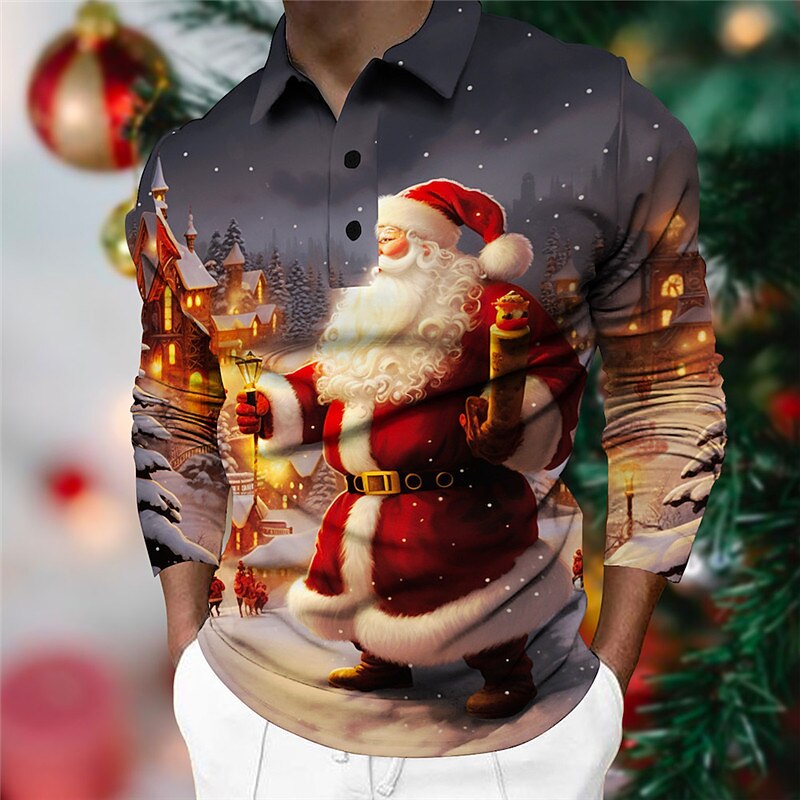 Christmas Men's Santa Claus 3D Polo Santa Claus Casual Print 3D Golf Outdoor Casual Daily Streetwear Polyester Long Sleeve Turndown Shirts Blue Purple Fall & Winter S M L Micro-elastic Lapel Polo3