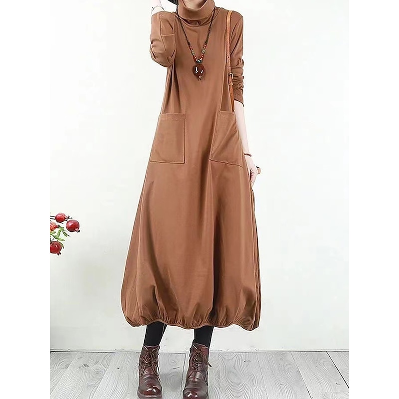 Women's Black Dress Long Dress Maxi Dress Polyester Ruched Pocket Daily Date Active Fashion Turtleneck Long Sleeve Black Wine Khaki Color