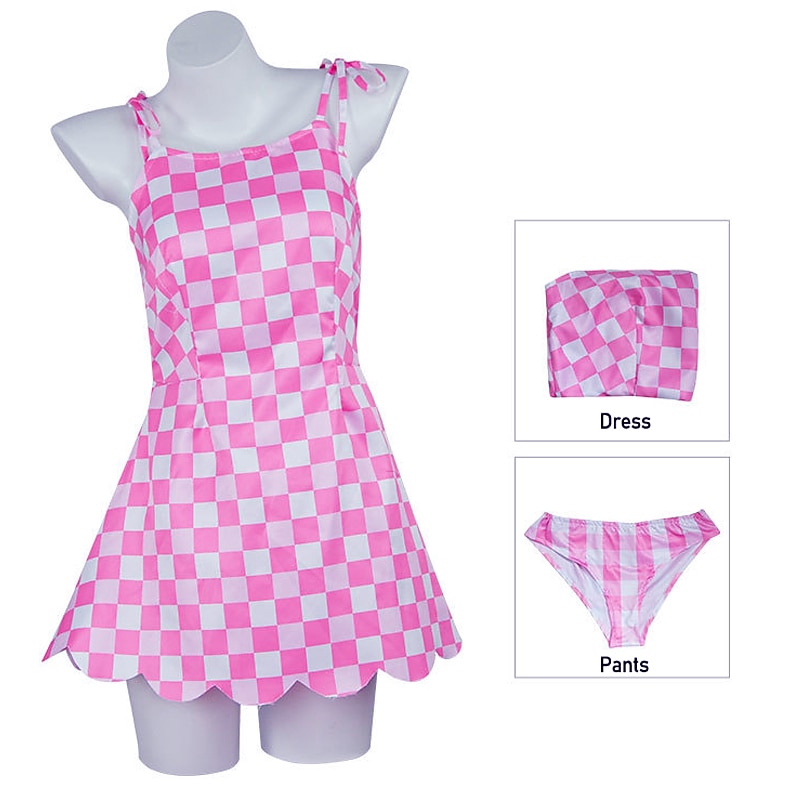Doll Movie Outfits Hot Pink Bikini Swimwear Blond Wigs Cosplay Costume for Girls Women Pink Gingham Dress Y2K Retro Vintage Beach Vacation Daily Wear Halloween Carnival4