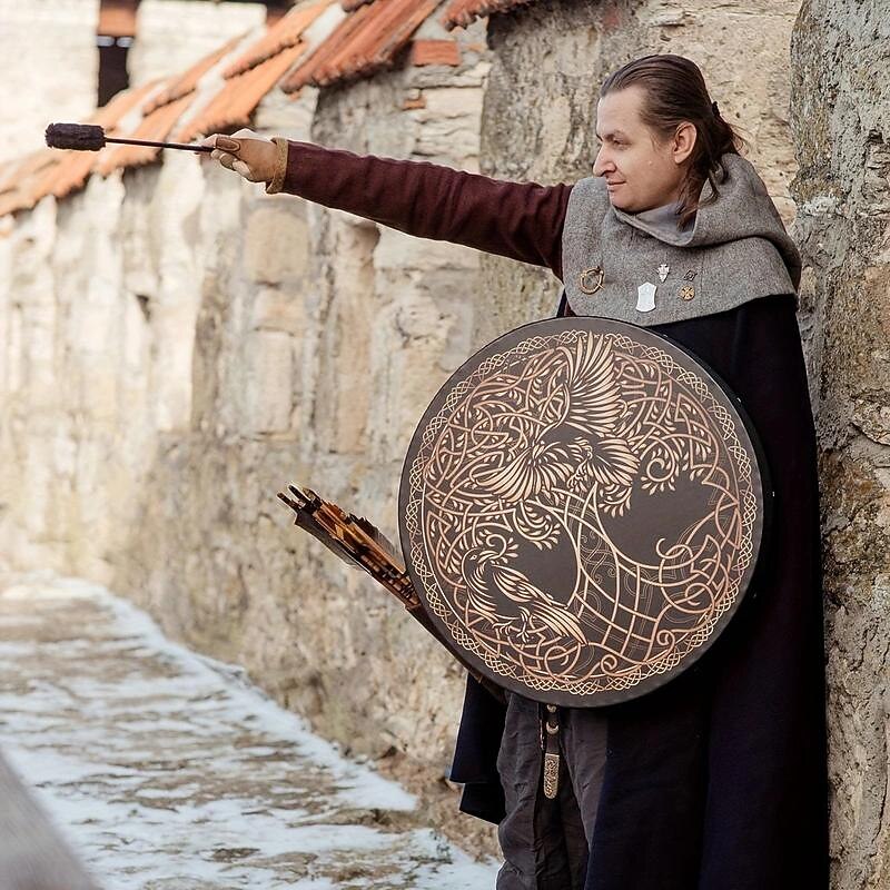 8'' Shaman Viking Drum Huginn&Muninn Deep Bass Sound Water Resistant Plastic Membrane Huge Vegan Frame Drum LARP Party