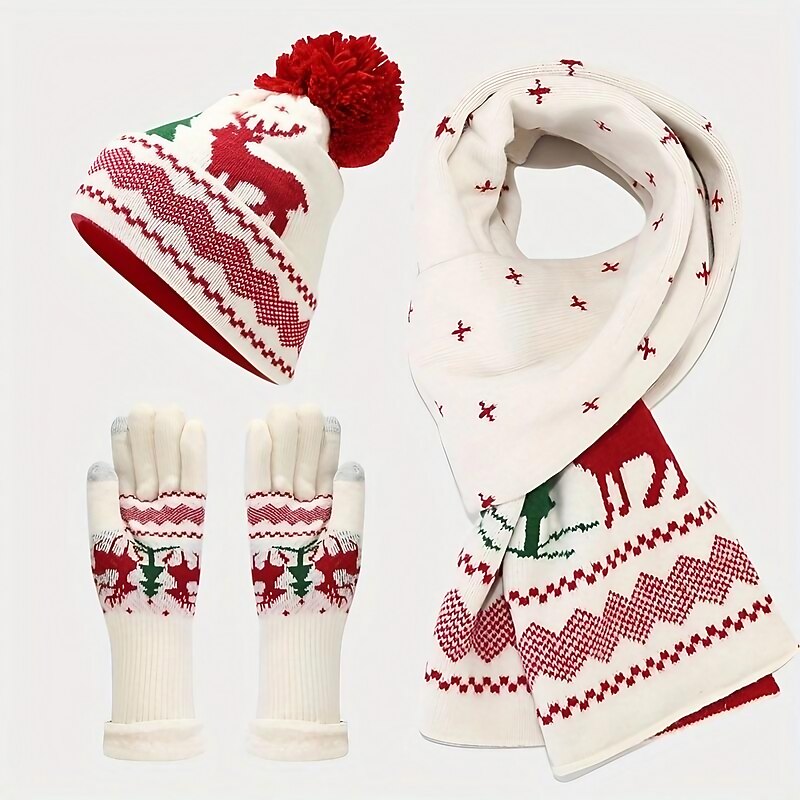 3 PCS Christmas Accessories Set Women's Knitted Hat Scarf Glove Three Piece Set Christmas Gifts Outdoor Thickened and Warm Wool Ball Woolen Hat Set