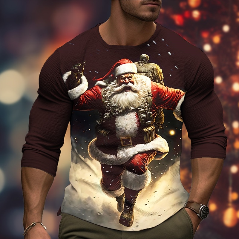 Christmas Men's Graphic Santa Claus T Shirt Long Sleeve T shirt 3D Print Crew Neck Shirt Fashion Designer Casual Sports Outdoor Holiday Going out Black Yellow Burgundy Spring &  Fall Clothing Apparel4