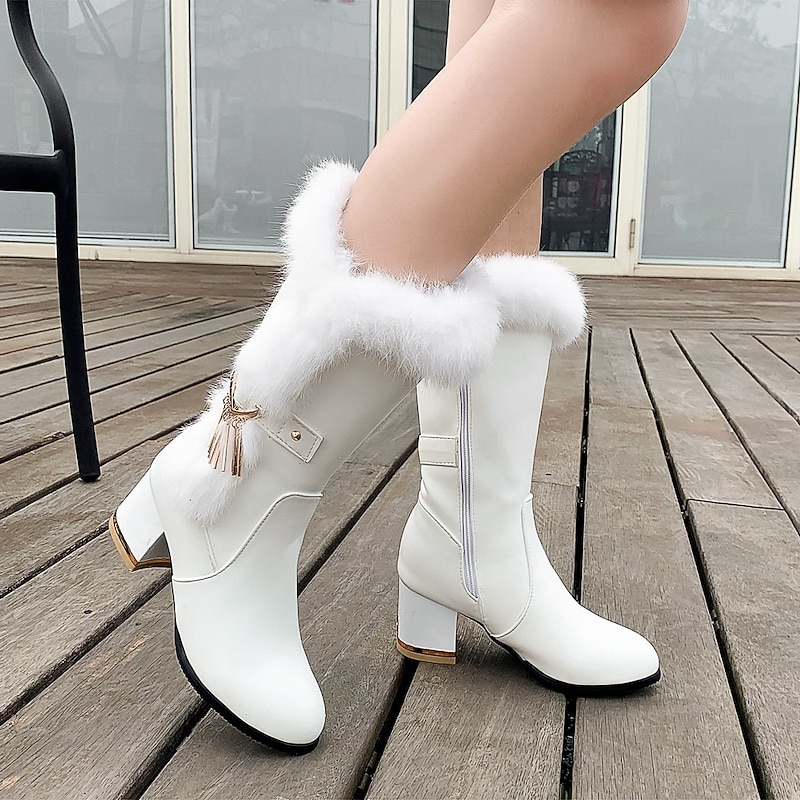Women's White Faux Leather Fur-Trimmed Mid-Calf Boots with Side Zipper, Tassel Charm, and Block Heel for Winter Fashion and Outdoor Wear2