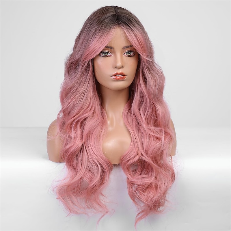 Long Pink Wavy Wig for Women Ombre Pink Wig Dark Root 26 Inch with Bangs Curly Wavy Wig Natural Looking Synthetic Heat Resistant Fiber Wig for Daily Party Use2