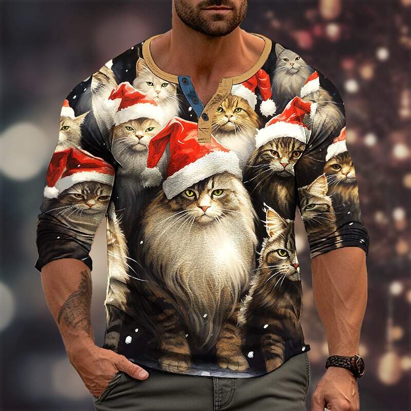 Christmas Men's Santa Claus Henley T Shirt Graphic Hat Fashion Daily Casual 3D Print Henley Casual Holiday Going out Red Brown Green Long Sleeve Henley Spring &  Fall Clothing Apparel S M L XL XXL2