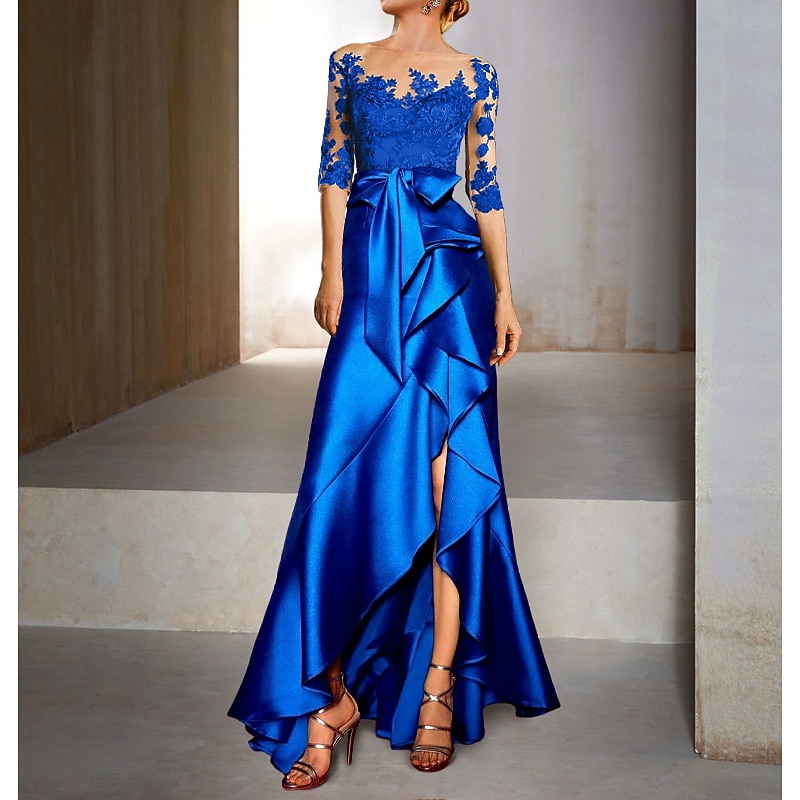 Mermaid Mother of the Bride Evening Gown Elegant Dress Wedding Guest Fall Asymmetrical Half Sleeve Jewel Neck Satin with Bow(s) Appliques