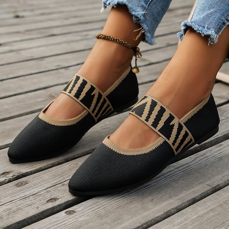 Women's Black Knit Mary Jane Flats – Pointed Toe Stretch Fabric Casual Shoes with Geometric Straps for Work, Travel & Daily Wear3
