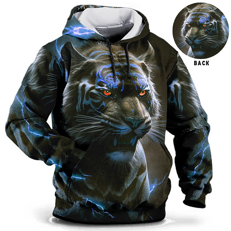 Men's Animal Tiger Graphic Prints Hoodie Hoodies Sweatshirt Daily Classic Long Sleeve Hooded Holiday Going out Streetwear Blue Brown Print Spring &  Fall Designer2