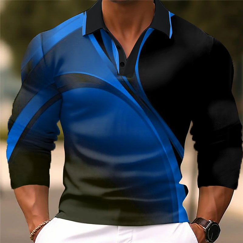 Men's Geometric Polo Shirts Golf Shirt Long Sleeve Polo Shirts Collared Shirts Business Casual WorkWear Formal Wear Festival Wear 3D Print Buttons Fall & Winter Wine Dark Navy Blue2