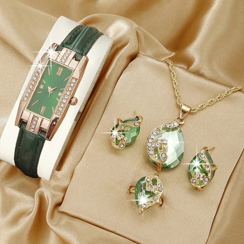 5PCS Set Fashion Women Rectangle Watches Ladies Business Green Leather Quartz Watch Womens Necklace Earrings Bracelet Wristwatch2