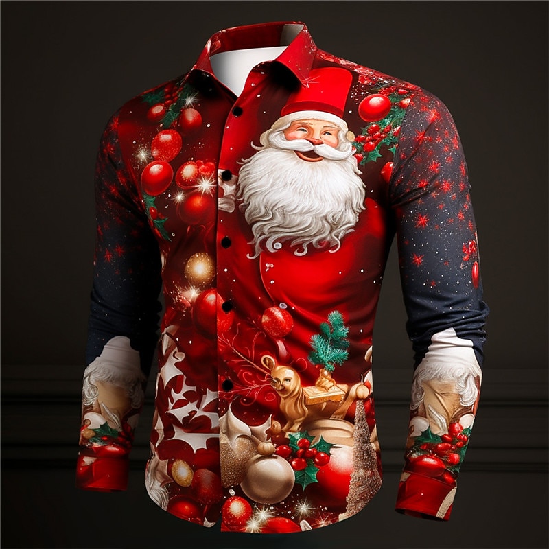 Christmas Men's Christmas animal Printed Shirts Santa Claus Casual Daily Wear Going out Fall & Winter Turndown Long Sleeve Dark Red, Black, Red S, M, L 4-Way Stretch Fabric Shirt4
