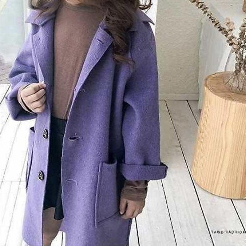 Kids Girls' Woolen Coat Long Sleeve Pink Purple Gray Solid Color Button Fall Winter Daily School 7-13 Years