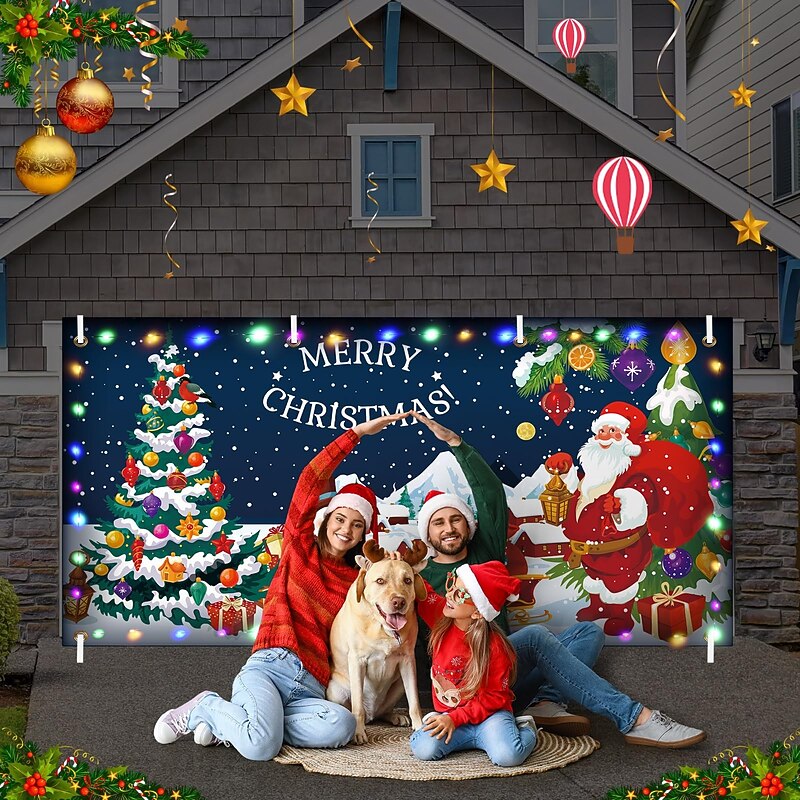 Christmas Door Decorations Outdoor Garage Door Cover Xmas Banner Snowman Santa Tree Atmosphere Large Backdrop Decoration Deer Door Cover Decoration for Holiday Outdoor Garage Door Wall Decorations3