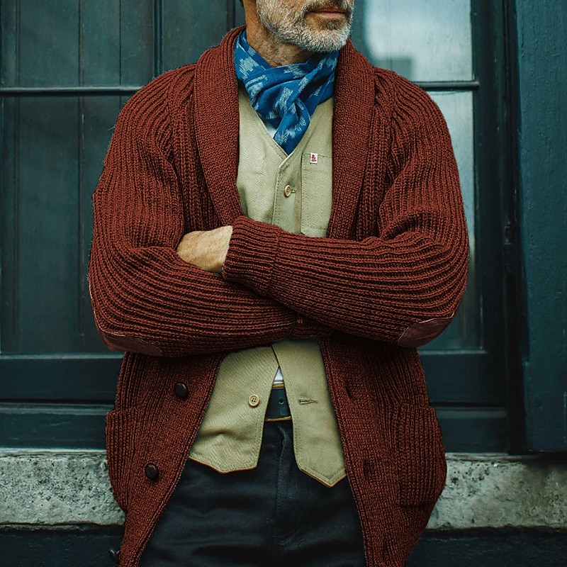 Men's Cardigan Sweater Cropped Sweater Ribbed Knit Regular Pocket Knitted Plain Shawl Collar Warm Ups Modern Contemporary Daily Wear Going out Clothing Apparel Winter Black Brown M L XL