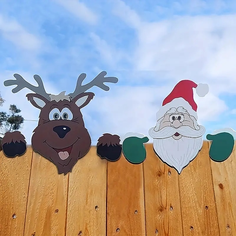 Christmas Themed Fence Decoration Xmas Fence Insert Wooden Santa Claus Reindeer Snowman Fence Decoration Garden Decoration Insert