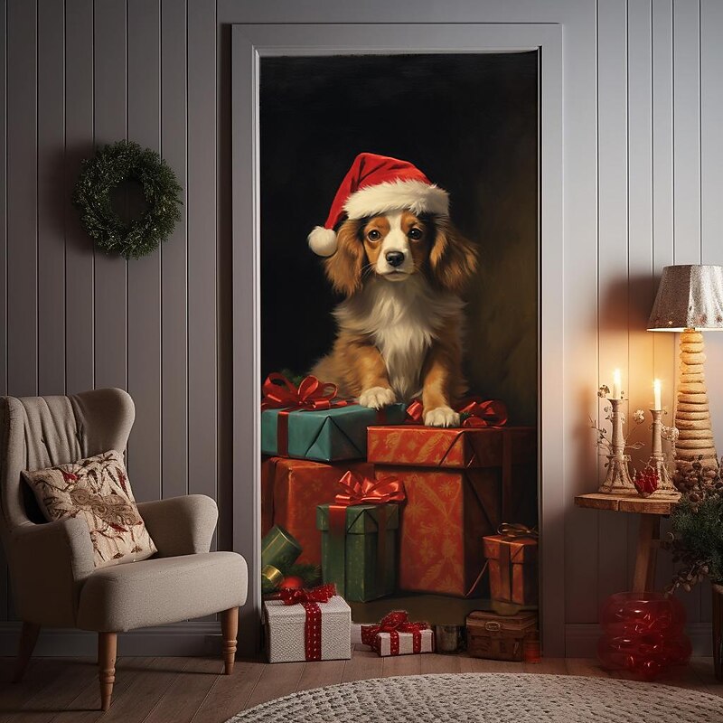 Christmas Door Decorations Dog Animals Gift Door Covers Door Tapestry Door Curtain Decoration Xmas Backdrop Door Banner for Front Door Holiday Party Decor Supplies3