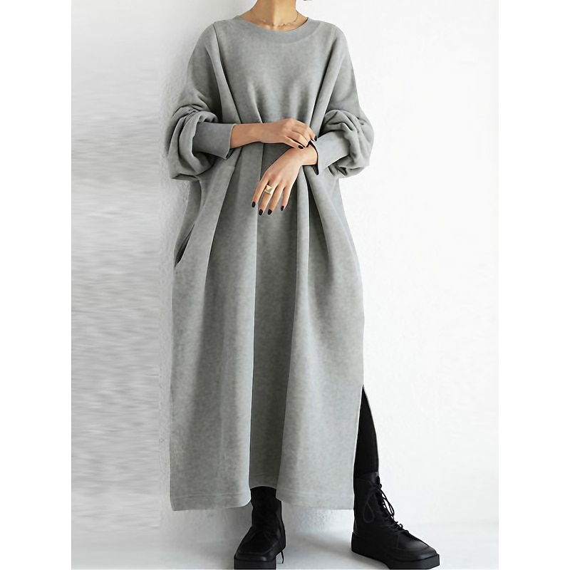 Women's Sweatshirt Dress Casual Dress Long Dress Maxi Dress Active Daily Outdoor Holiday Vacation Crew Neck Design Pure Color Loose Fit Black Wine Gray S M L XL XXL