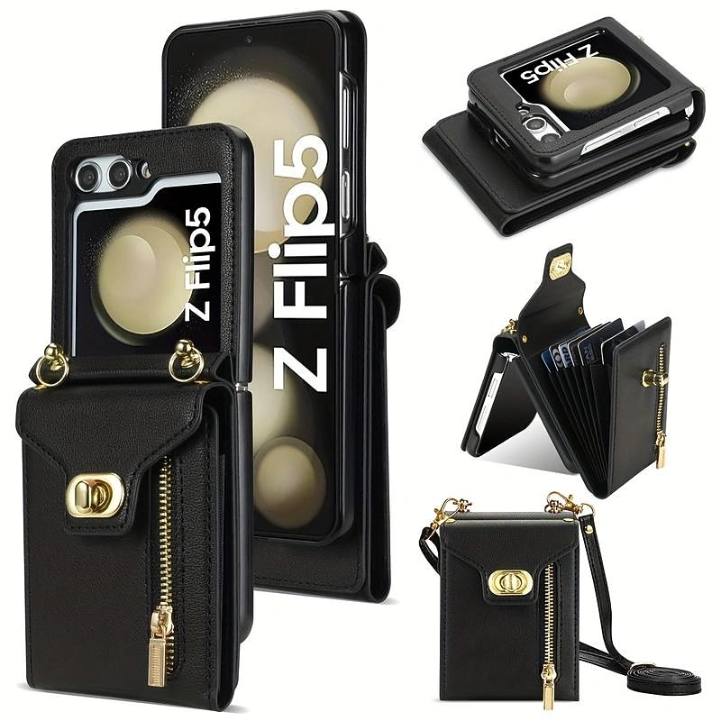 Phone Case For Samsung Galaxy Z Flip 7 Z Flip 6 Z Flip 5 Z Flip 4 Z Flip 3 Wallet Case Zipper with Lanyard PU Leather