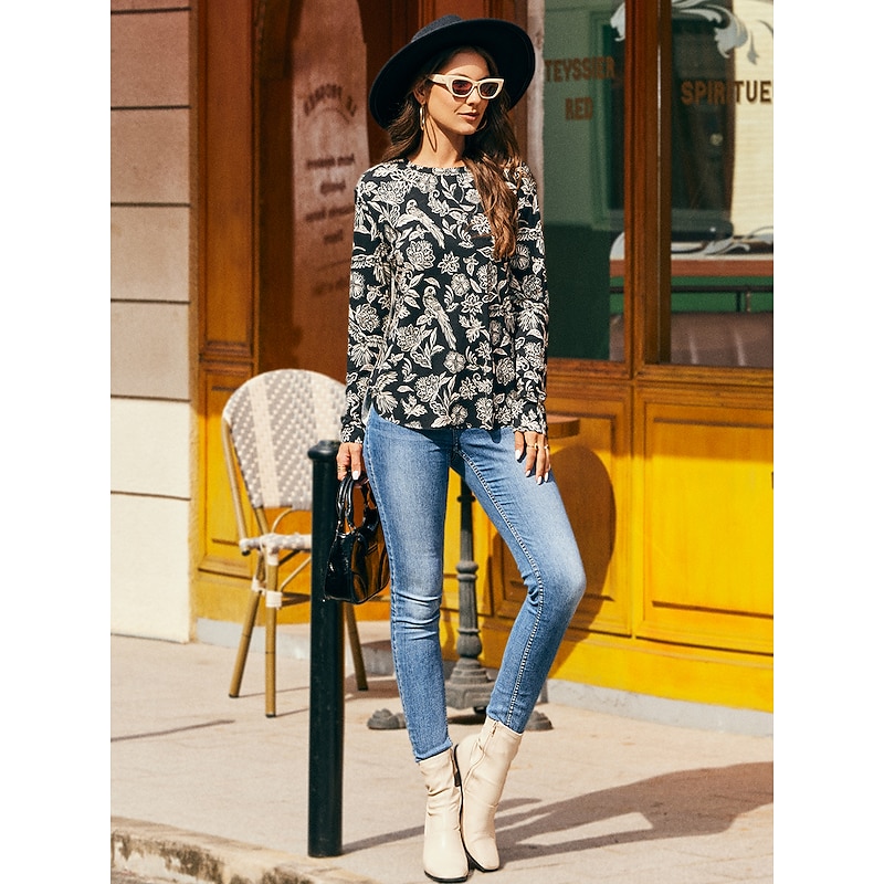 Floral Print Round Neck Shirt Blouse4