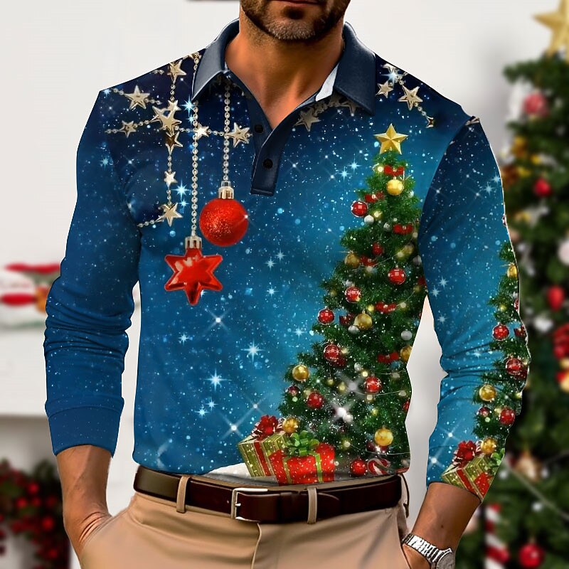 Christmas Men's Christmas tree 3D Polo Tree Casual Golf Long Sleeve Outdoor Casual Daily Streetwear Fall & Winter 3D Print Turndown Wine Blue Dark Green Micro-elastic Polyester