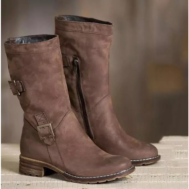 Women's Brown Faux Leather Motorcycle Boots with Buckle Straps and Faux Fur Lining - Mid-Calf Winter Boots with Zipper Closure for Casual and Outdoor Wear