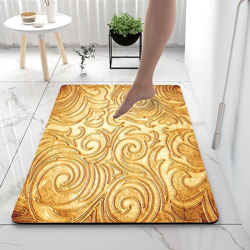 Golden Bath Mat Non-slip Diatomaceous Earth Bath Rug Soft Mat Rubber Anti-Slip Fast Dry Super Absorbent Thin Bathroom Mat for Under Door - Bathroom Floor Mat Rug Bathtub Front Shower Mat Sink3