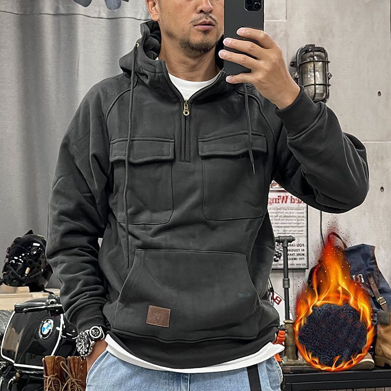 Men's Hoodie Polar Fleece Quarter Zip Hoodie Tactical Black Army Green Red Gray Hooded Plain Pocket Sports & Outdoor Daily Holiday Cool Casual Tactical Fall & Winter Clothing Apparel Hoodies