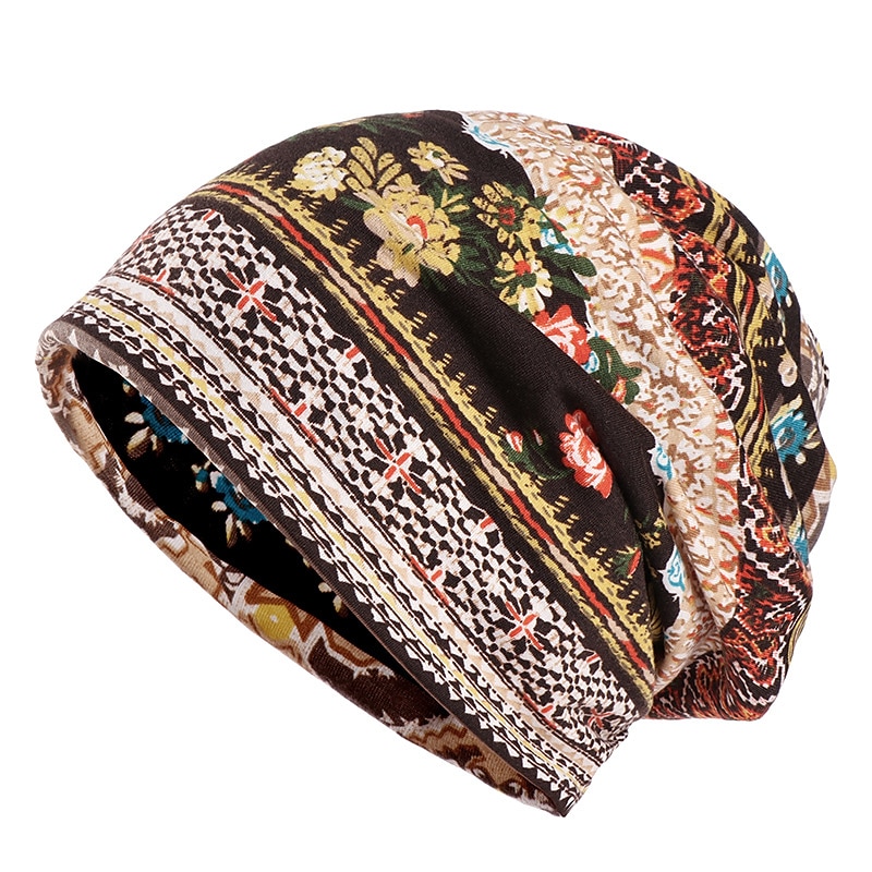 1pcs Bohemia Soft Flower Print Beanie Hat Thin Style Comfortable Cap Circumference 56-58CM - Main Image